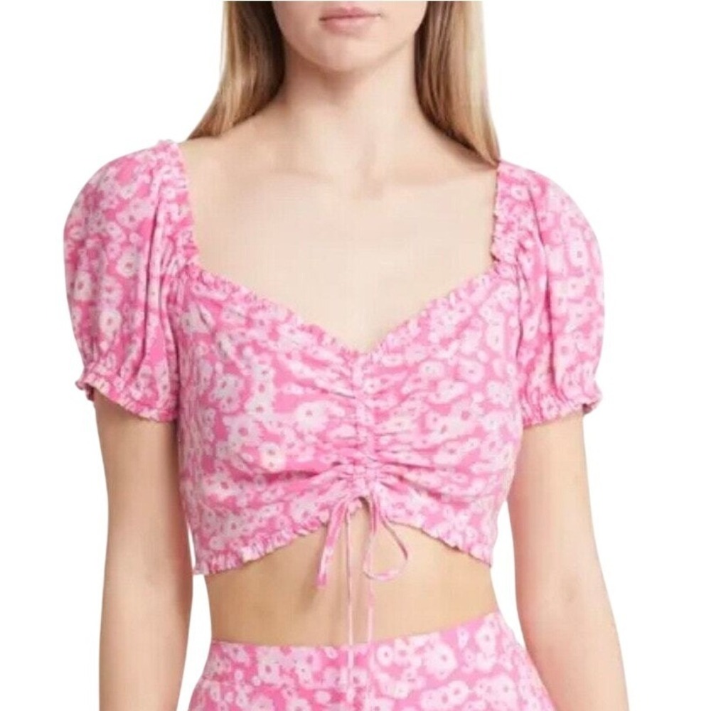 Floral Crop Top Pink Puff Sleeve‎ Tie Front Smocked Blouse Large